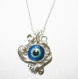 Wire Wrap Blue Zombie Eye Pendant with 22 inch Sterling Silver Necklace