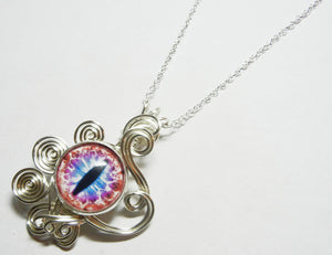 Wire Wrap Pink Purple Glass Dragon Eye Pendant with 22 inch Sterling Silver Necklace